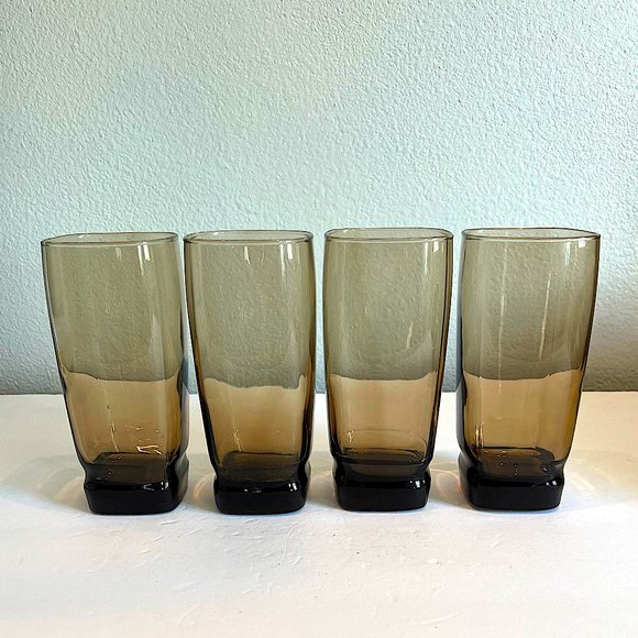 Set of Four MCM Libbey Carrington Tawny Smoke Brown Square Highball Tumblers - Picture 5 of 8